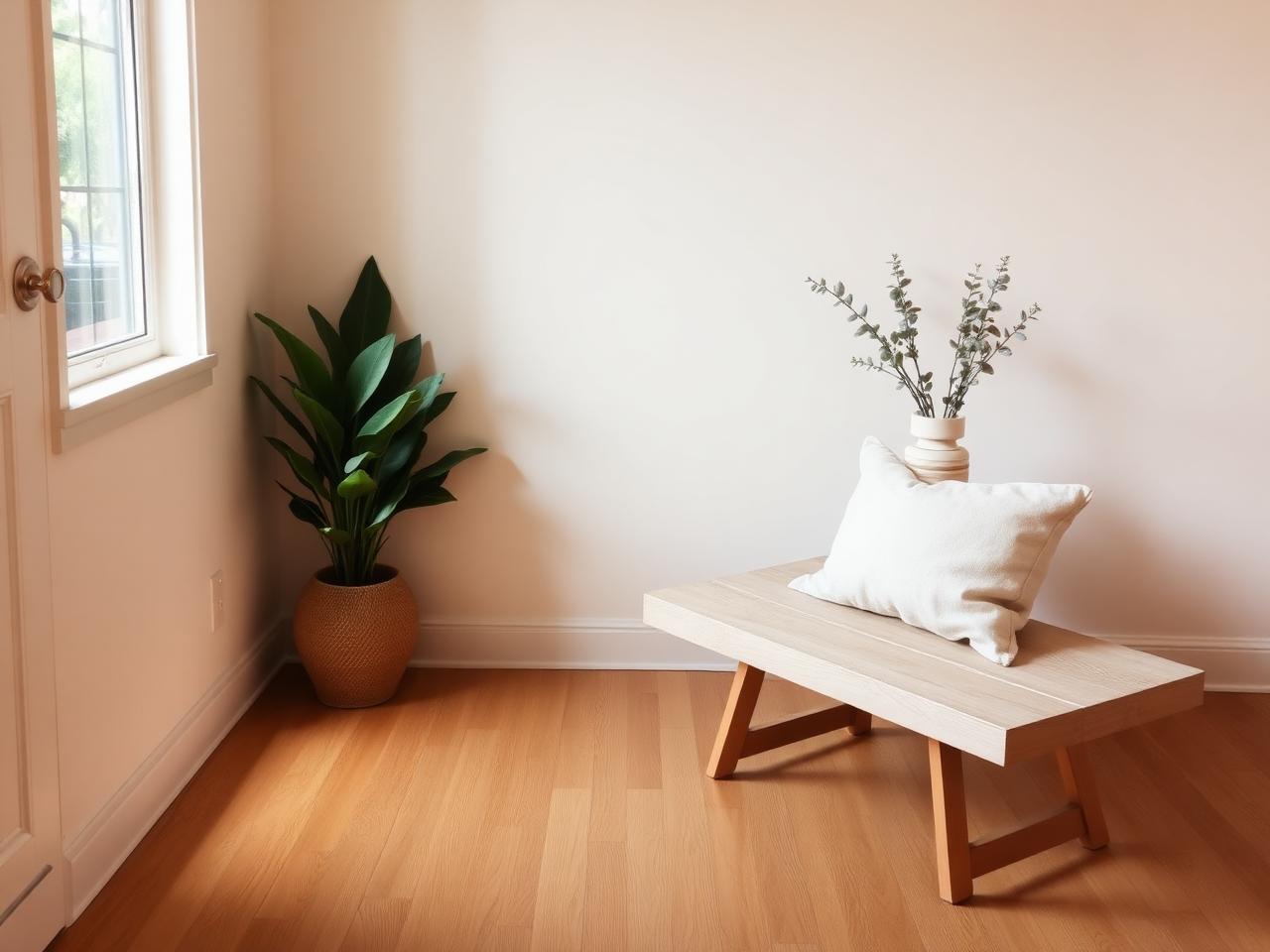 Quiet corner inside Balance Studios with a wooden bench and warm light