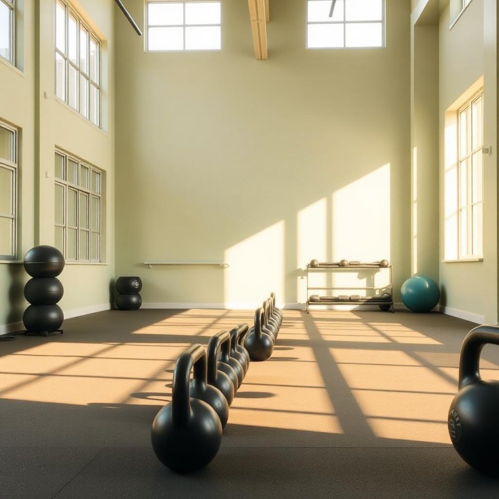 Row of kettlebells arranged on the studio floor in a sunlit gym
