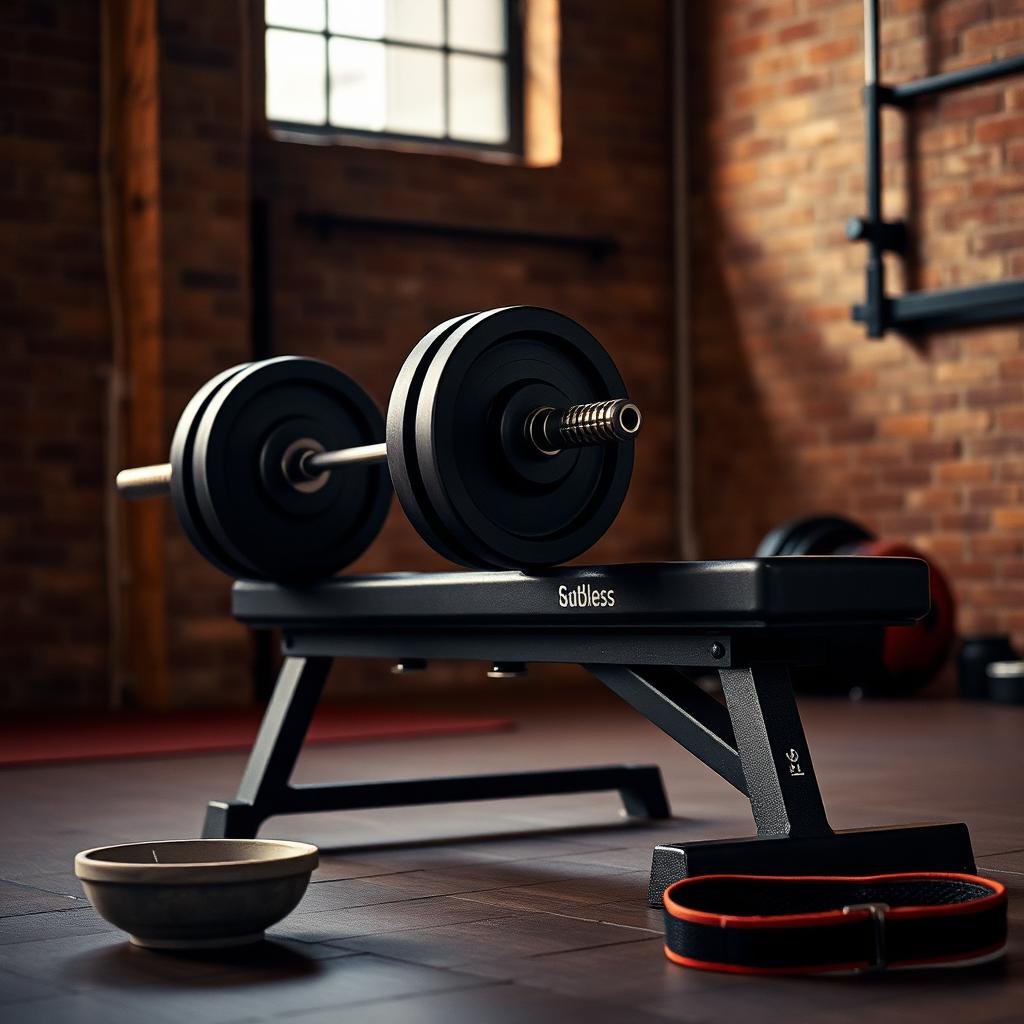 Loaded barbell resting on a flat bench in a warmly lit gym