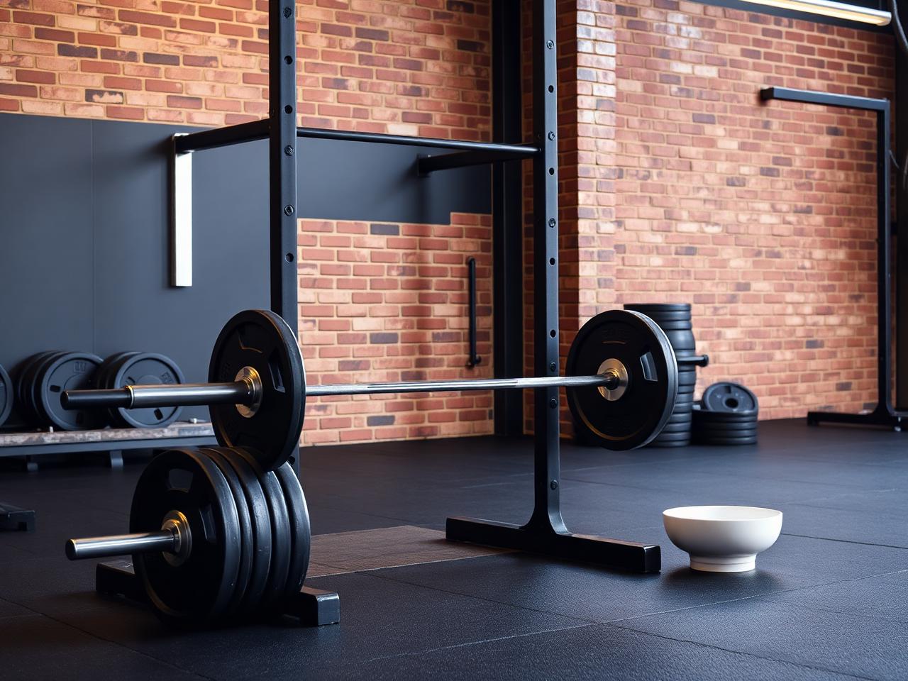 Squat rack with loaded barbell and bumper plates in front of a brick wall